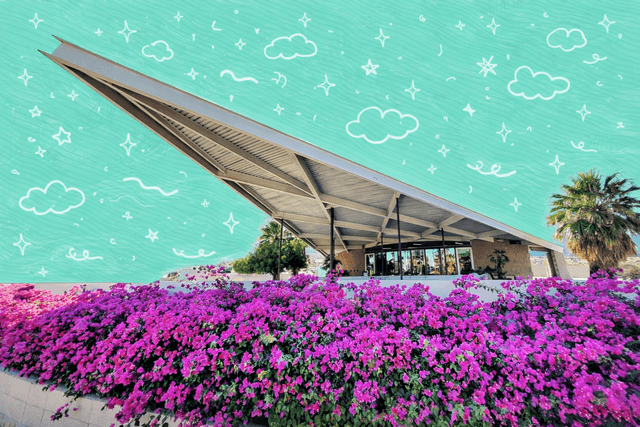 Midcentury modern welcome center in Palm Springs, CA with dramatic butterfly roof, and bright bougainvillea landscaping.