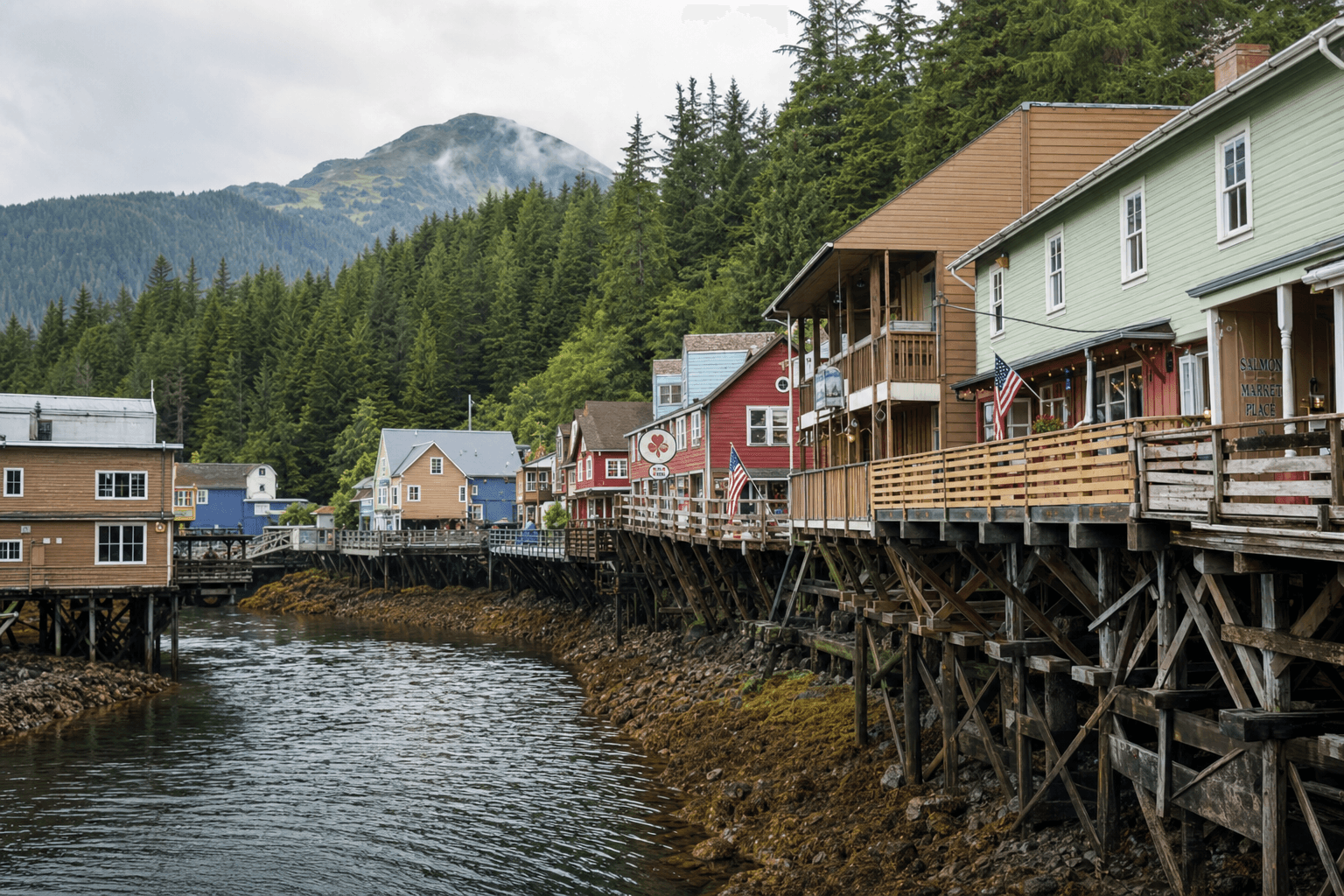 Colorful wooden waterfront buildings on stilts over a rocky tidal inlet, a raised boardwalk with American flags, dense evergreen forest, and a misty mountain rising in the distance