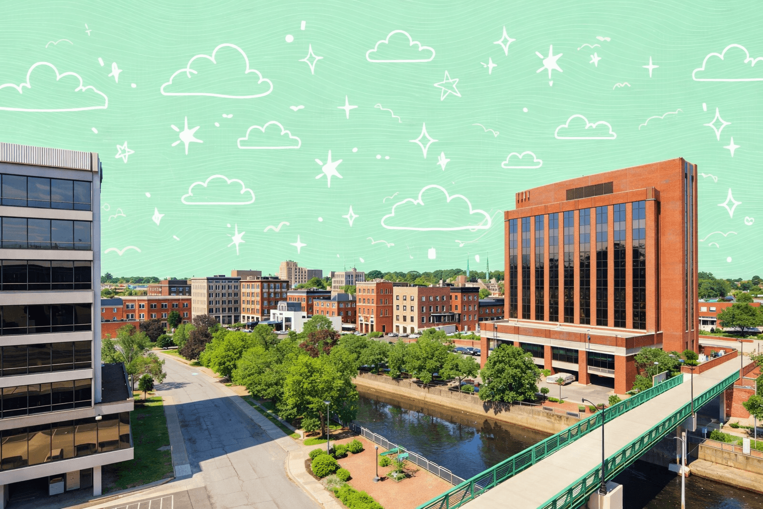 Panoramic view of downtown Bangor, ME, featuring a river, red brick buildings, modern offices, and a pedestrian bridge under a bright blue sky.