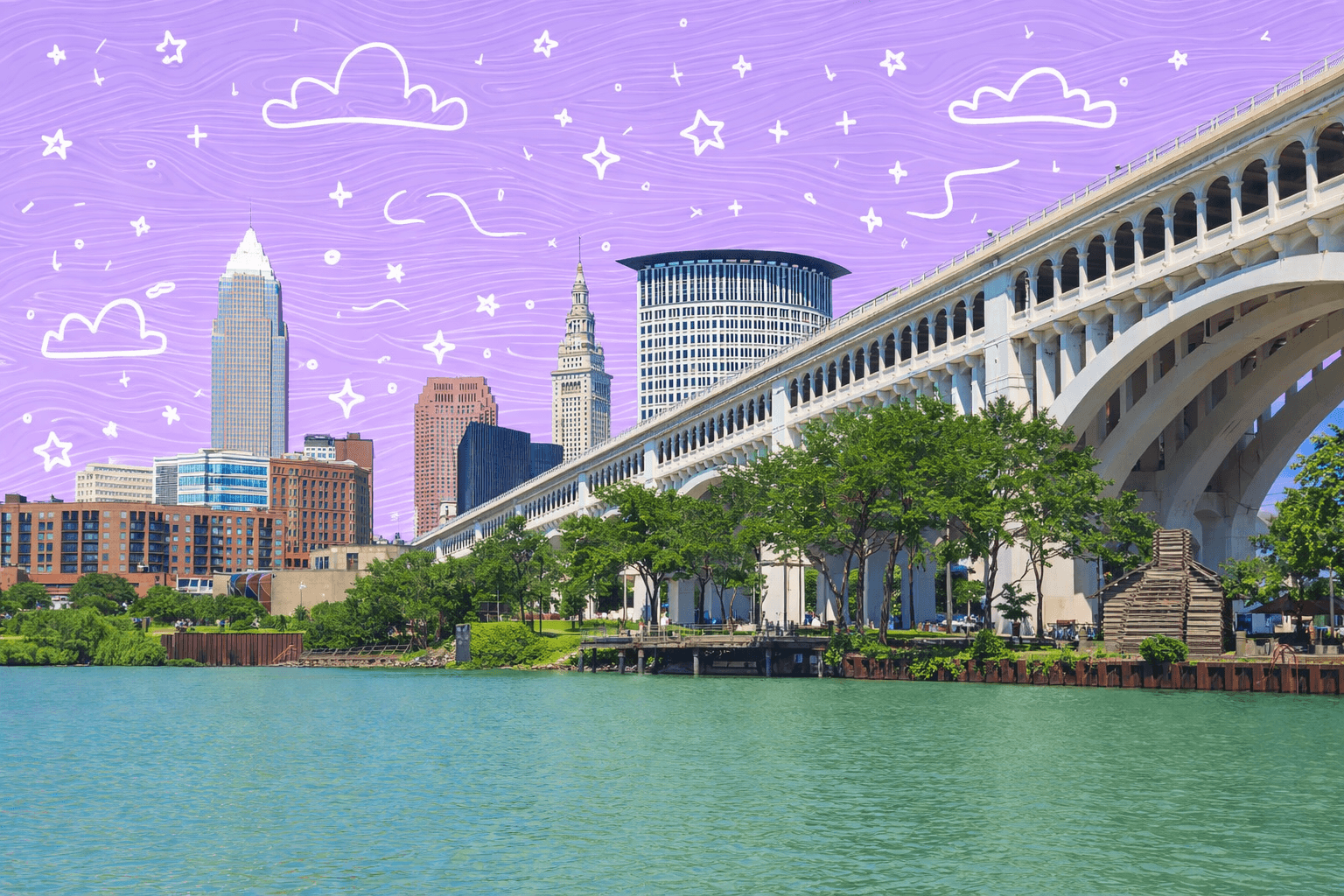 Cleveland skyline with prominent skyscrapers and a bridge over water, showcasing the city's architecture and greenery.
