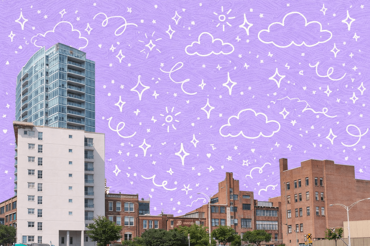 Skyline of Durham, NC featuring modern and vintage architectural buildings under a blue sky.