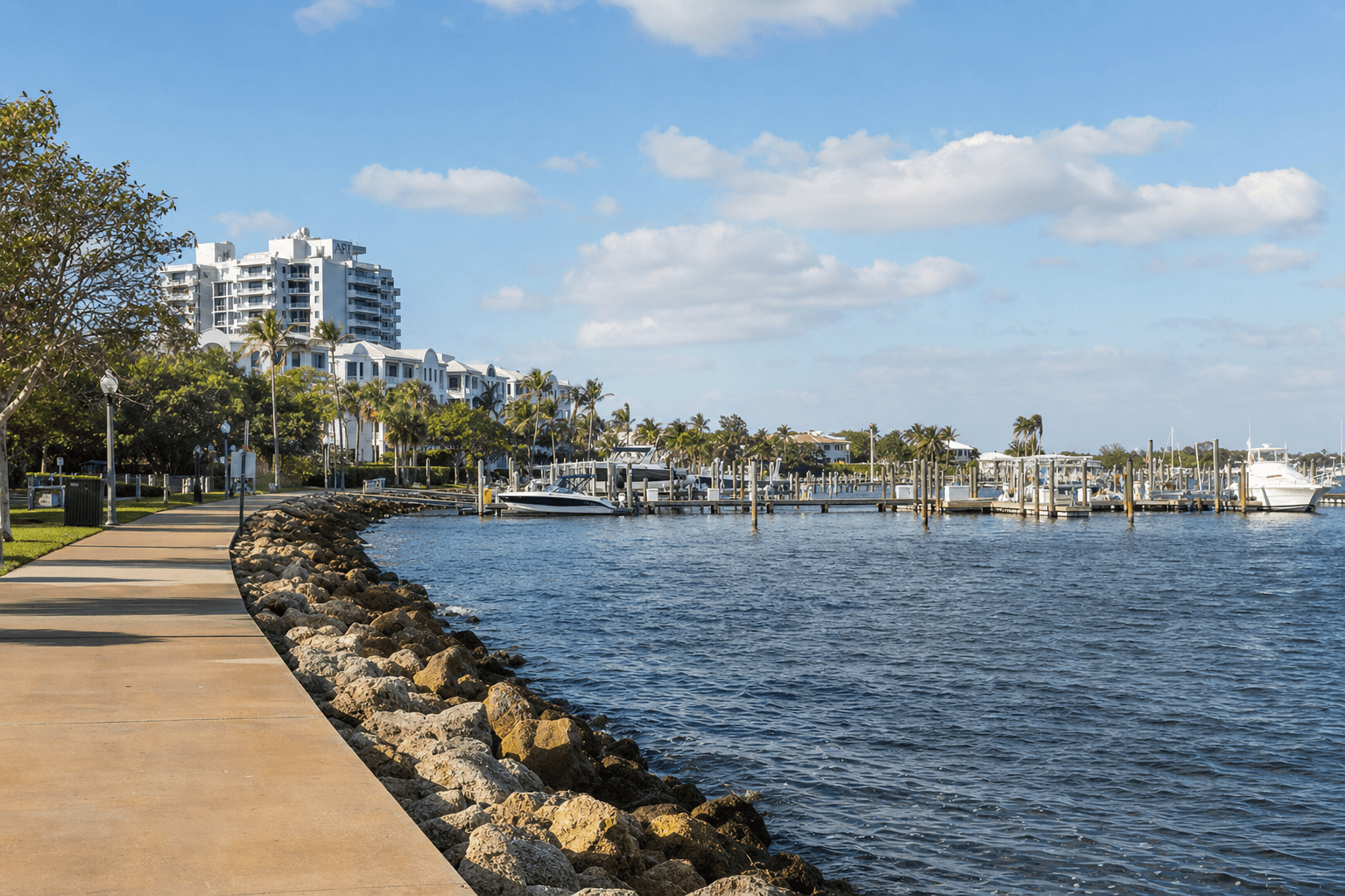 Sunlit waterfront promenade with a rocky seawall, calm marina waters, docks with boats, palm trees and mid-rise condos under a blue sky.