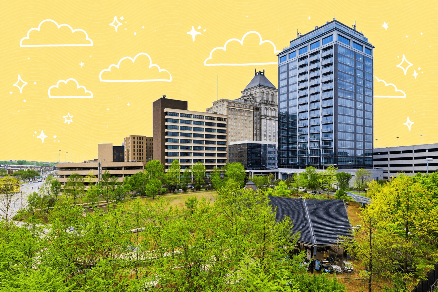 Cityscape of downtown Greensboro, NC with modern buildings, historical architecture, and green parks.
