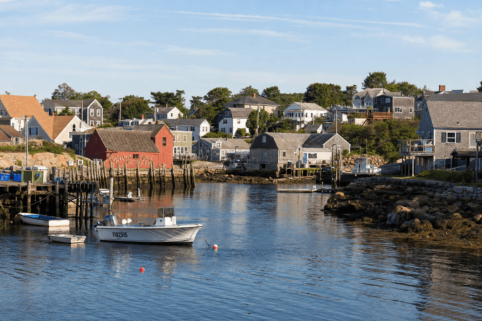 Small harbor with anchored fishing boats, a red boathouse, wooden docks, and houses lining a rocky shoreline.