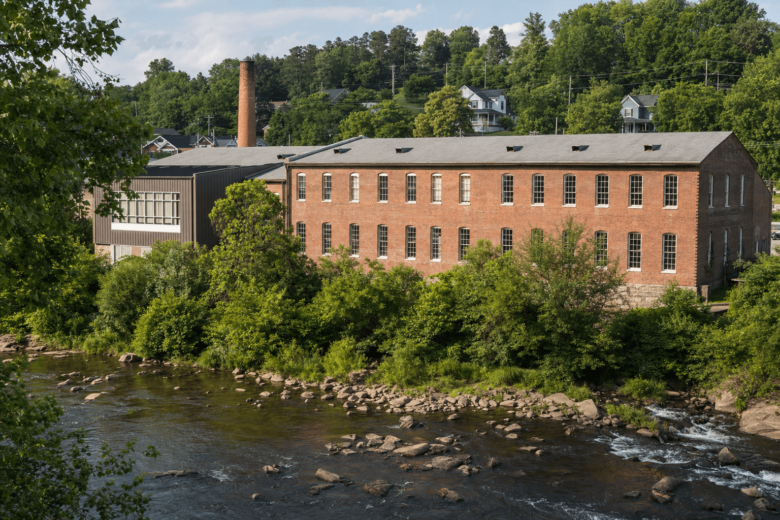 A red brick mill building with tall rectangular windows sits beside a tree-lined river strewn with rocks and shallow rapids.