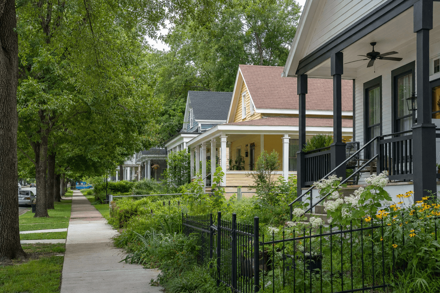 A sidewalk lined with large trees and a row of houses with front porches and flowering gardens.