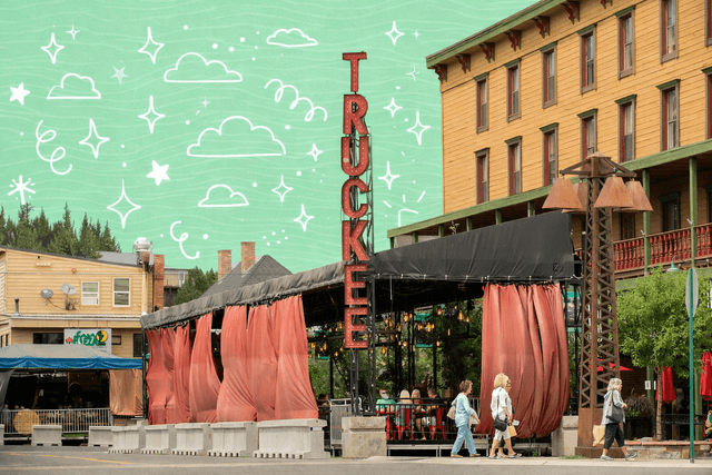 Outdoor dining scene in downtown Truckee, California with the iconic Truckee sign, people walking by, and a welcoming small town mountain neighborhood atmosphere.