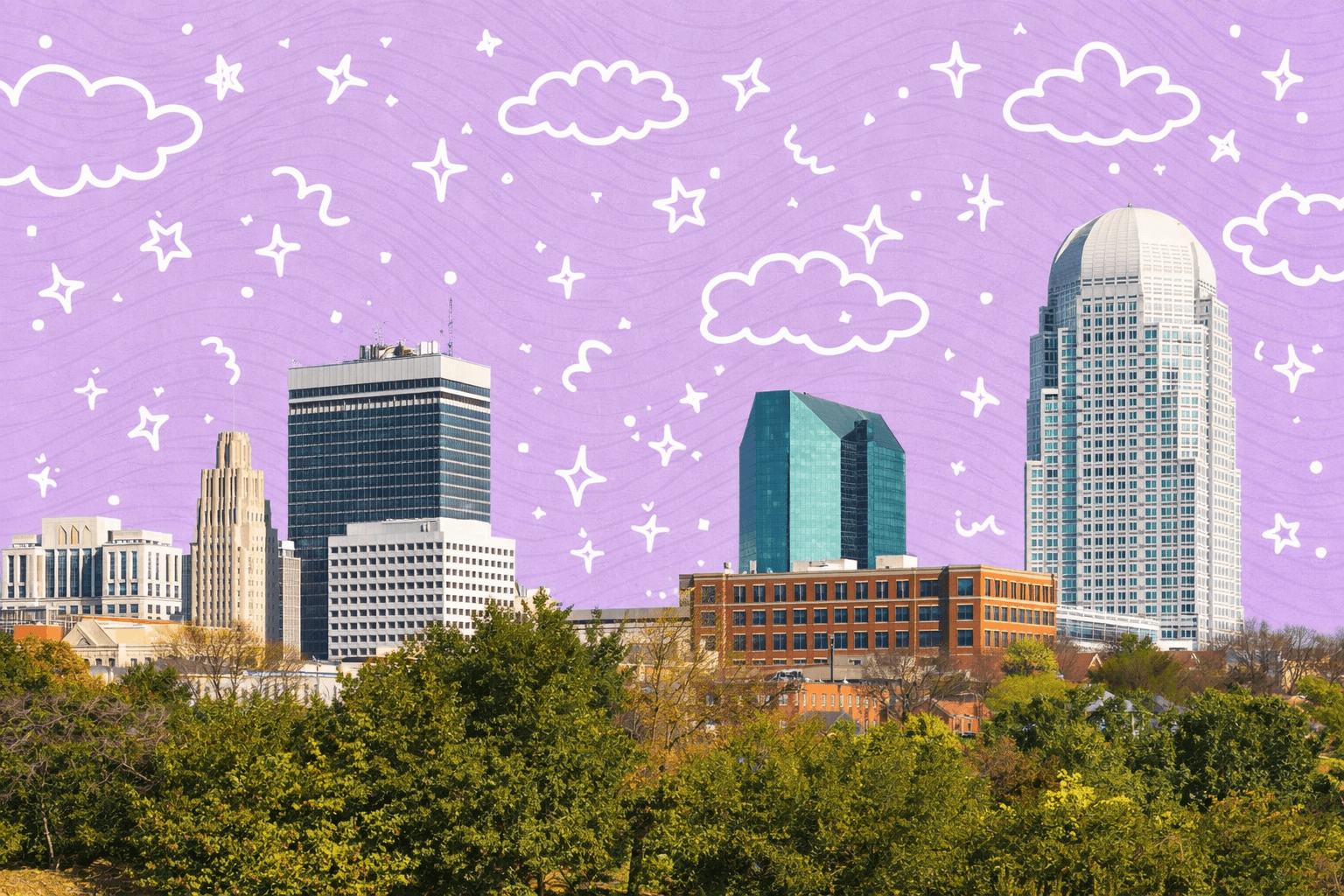 Winston-Salem, NC skyline with modern skyscrapers and trees in the foreground under a clear blue sky.