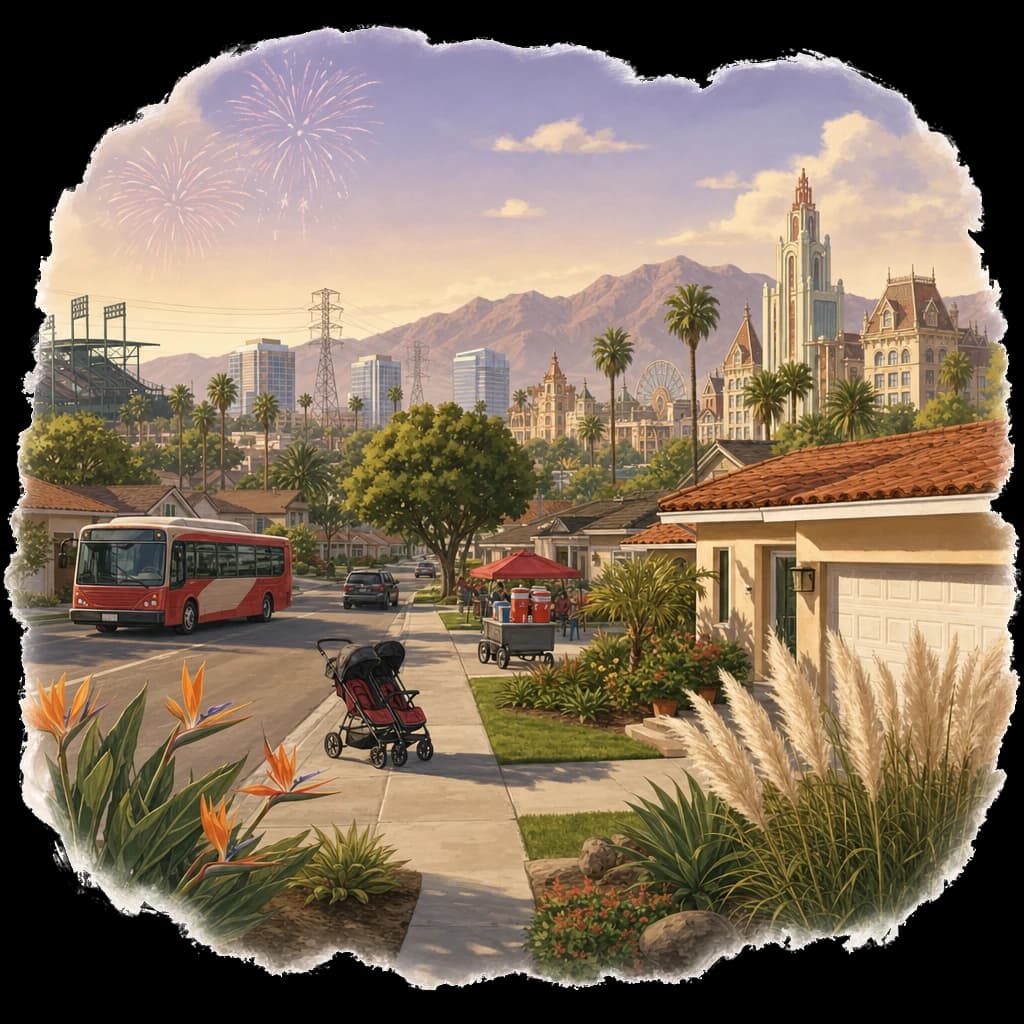 Illustrated Anaheim, CA neighborhood street scene