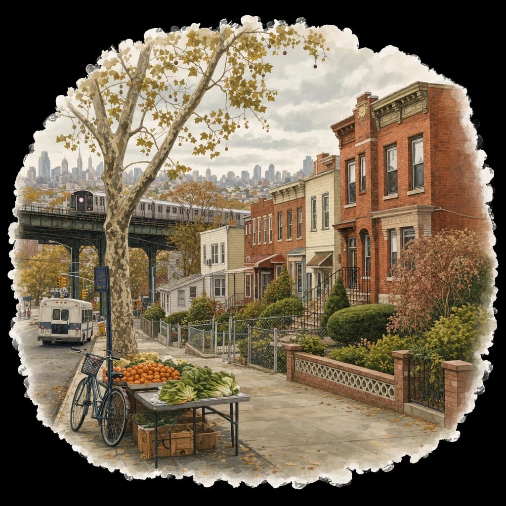 Illustrated Queens, NY neighborhood street scene
