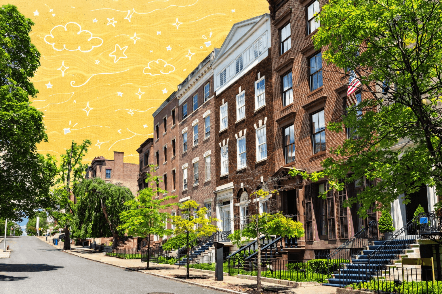Tree lined residential street in Albany, NY featuring historic brick townhouses and classic neighborhood architecture, representing life and moving to Albany