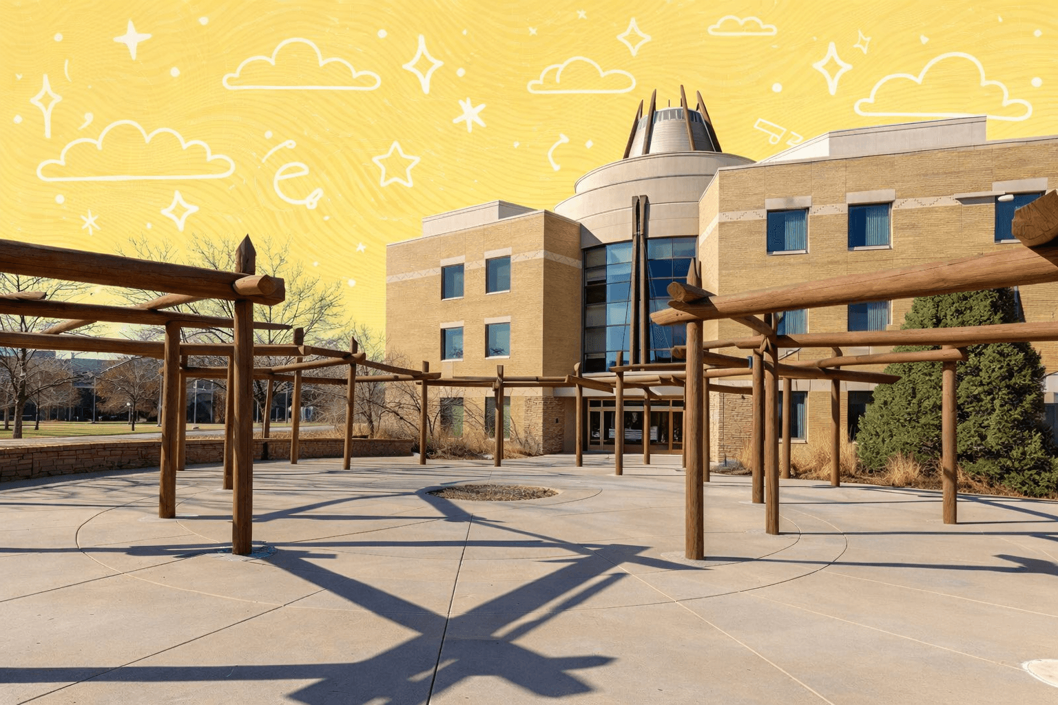 Outdoor space with a wooden pergola structure and modern building in Aurora, CO under a clear blue sky.