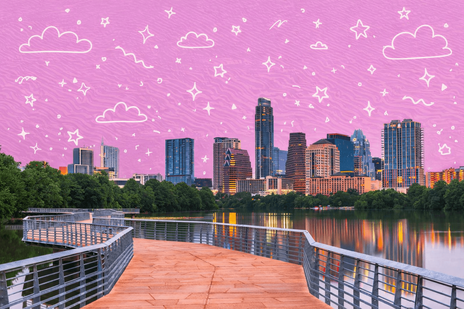 Boardwalk along Lady Bird Lake with the Austin, TX skyline in the background.