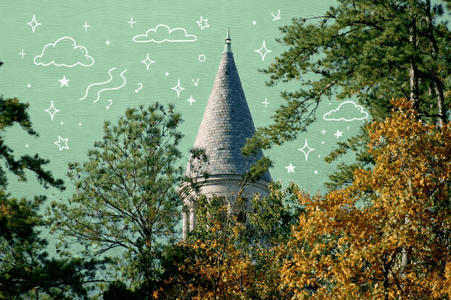 Historic bell tower rising above trees on the UNC campus in Chapel Hill, North Carolina during fall foliage.
