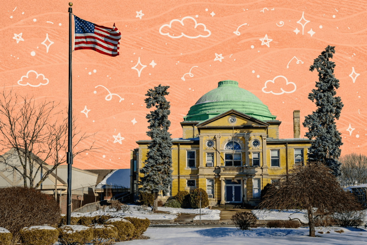 Historic courthouse building with American flag in winter snow in Danbury Connecticut