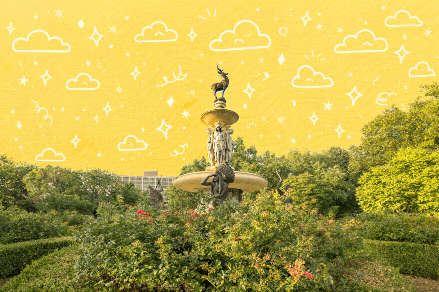 Historic fountain in Bushnell Park surrounded by gardens and trees in Hartford, Connecticut, highlighting the city's central green space and neighborhood lifestyle.