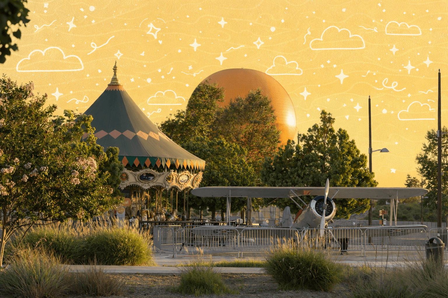 Irvine Great Park with carousel ride and vintage airplane display beneath the large orange balloon in Irvine California