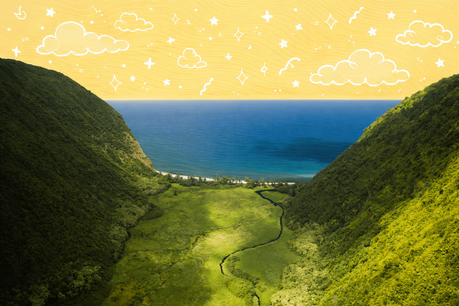 Waipi'o Valley on the Big Island of Hawaii with lush green cliffs, a winding valley floor, and a dramatic ocean horizon showcasing the natural landscape new residents experience when moving to Hawaii.