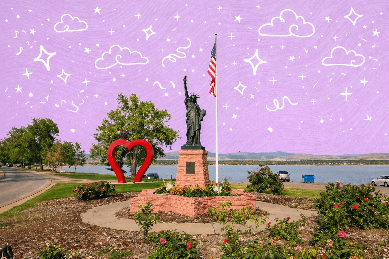 Statue of Liberty replica by a lake with a large red heart sculpture and American flag in Loveland, CO.