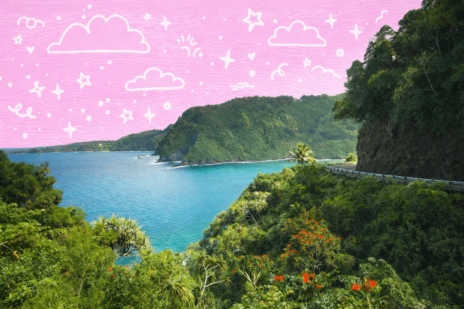 Coastal road winding along lush green cliffs with bright blue ocean views on Maui, representing life and scenery when moving to Maui.