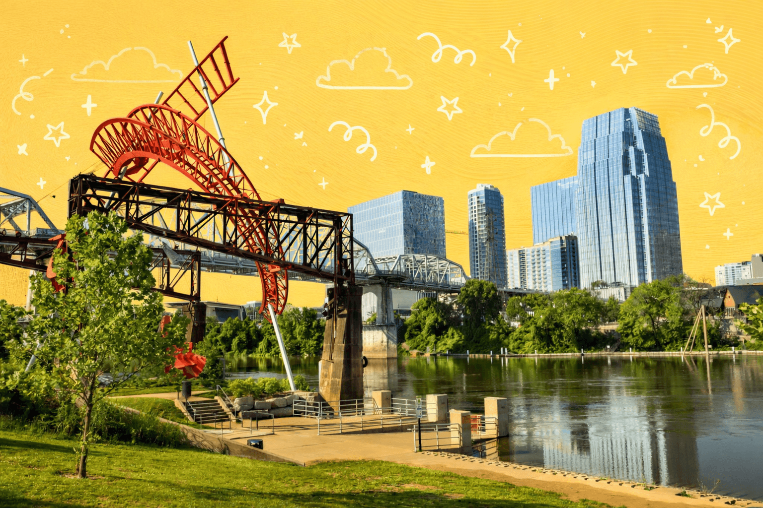Downtown Nashville skyline with Cumberland River, modern high rise buildings, and pedestrian bridge viewed from a riverside park on a clear day