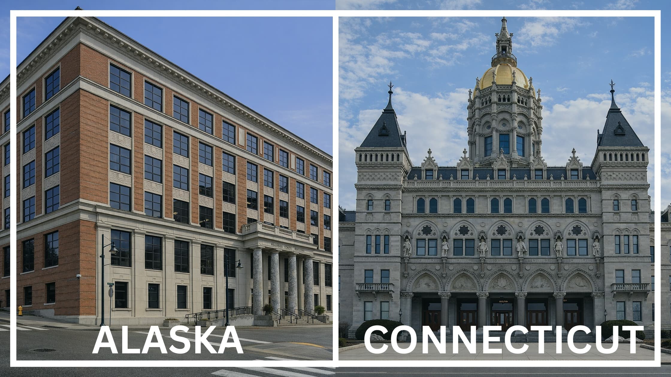 Comparing the state capitol buildings between Alaska and Connecticut.