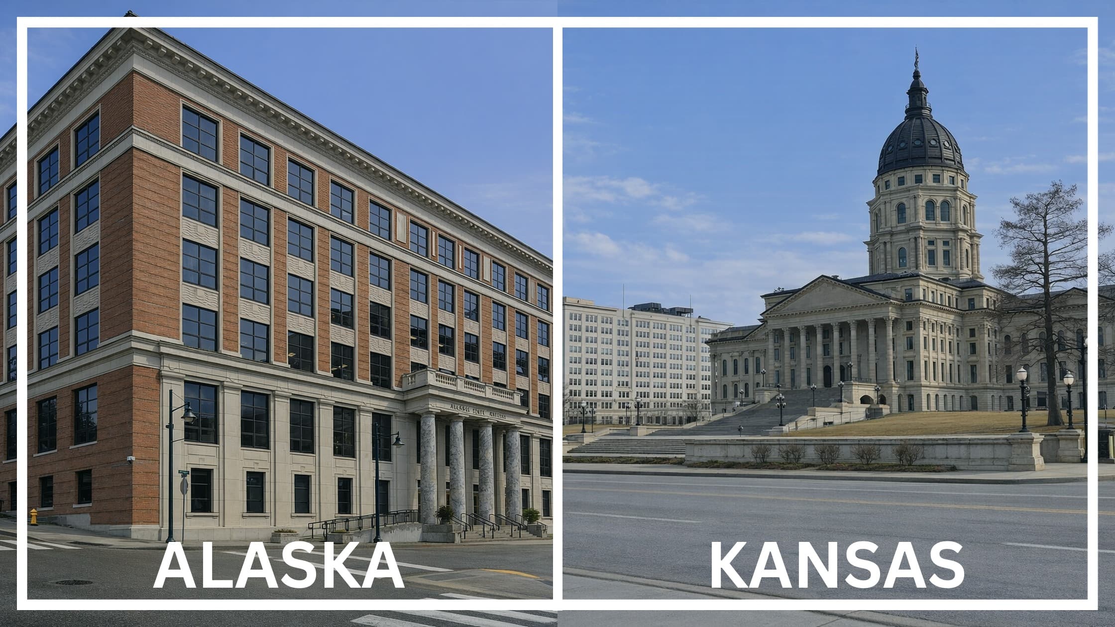 Comparing the state capitol buildings between Alaska and Kansas.