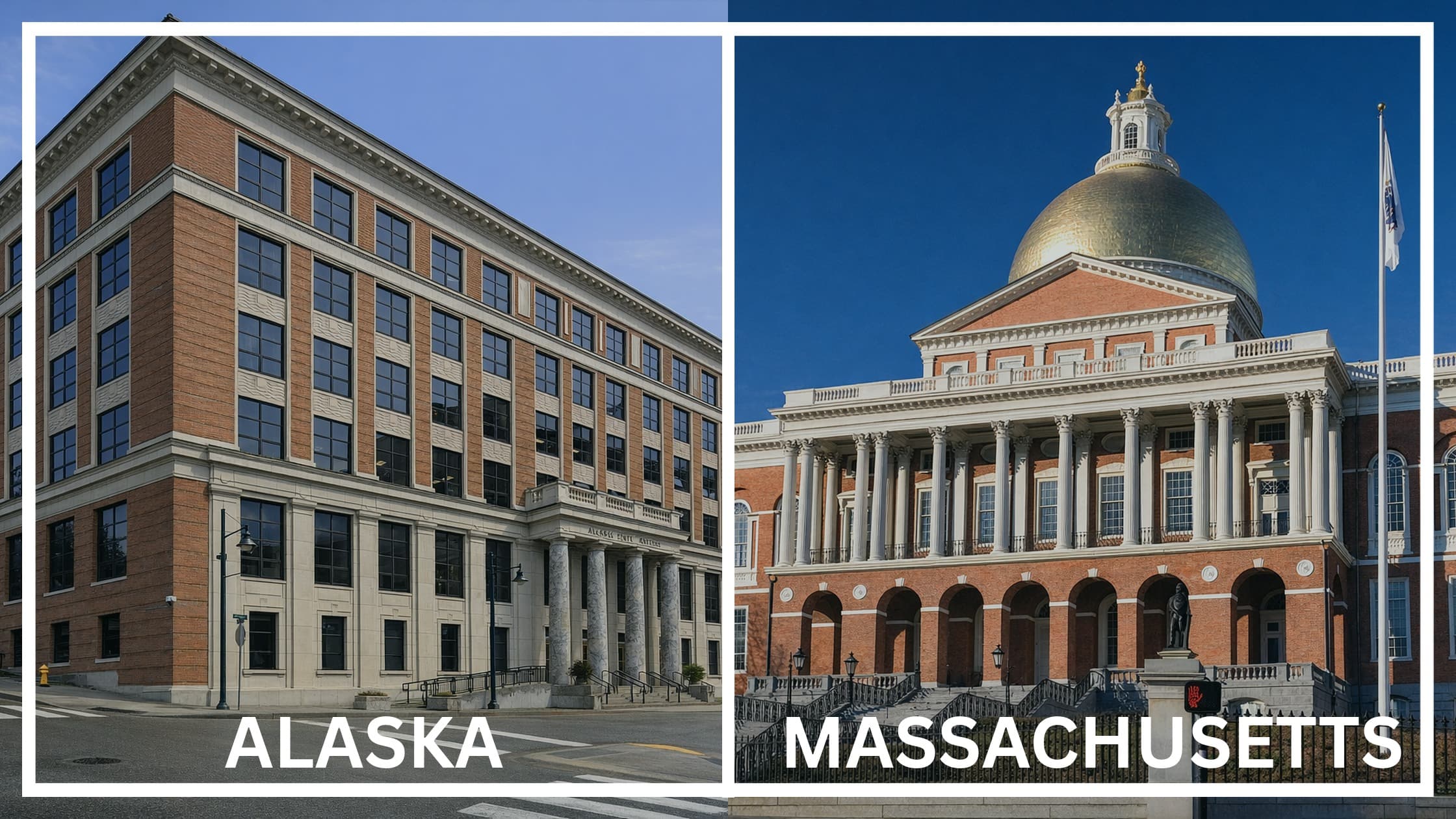 Comparing the state capitol buildings between Alaska and Massachusetts.