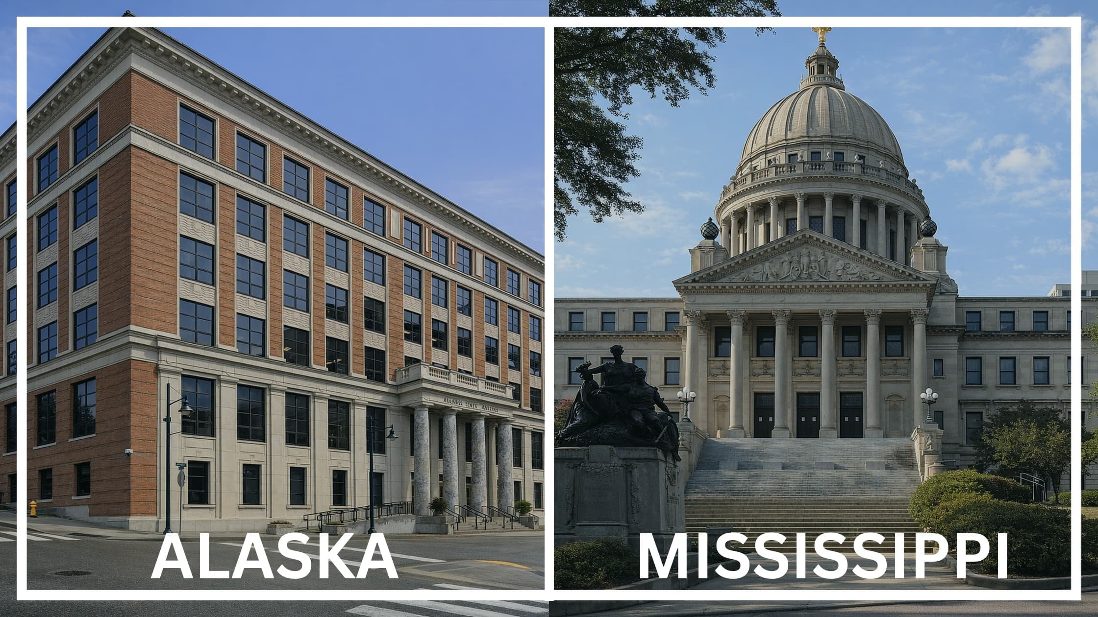 Comparing the state capitol buildings between Alaska and Mississippi.