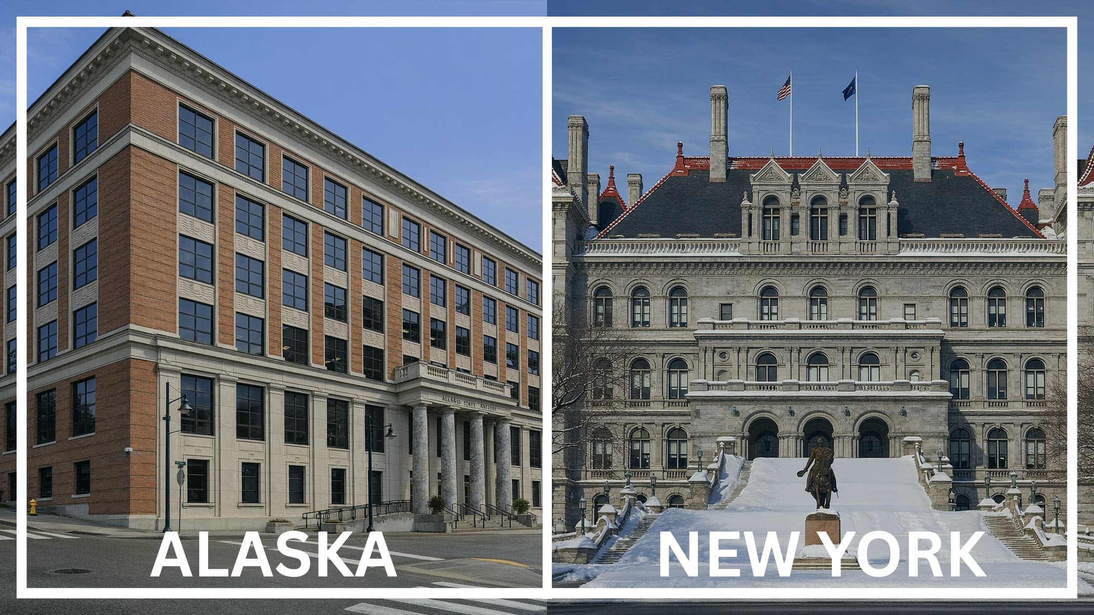 Comparing the state capitol buildings between Alaska and New York.