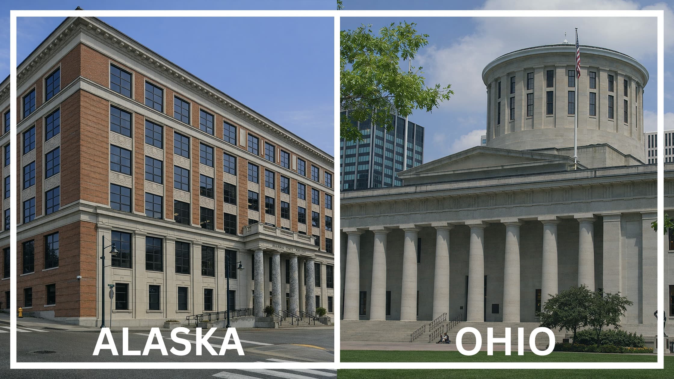 Comparing the state capitol buildings between Alaska and Ohio.