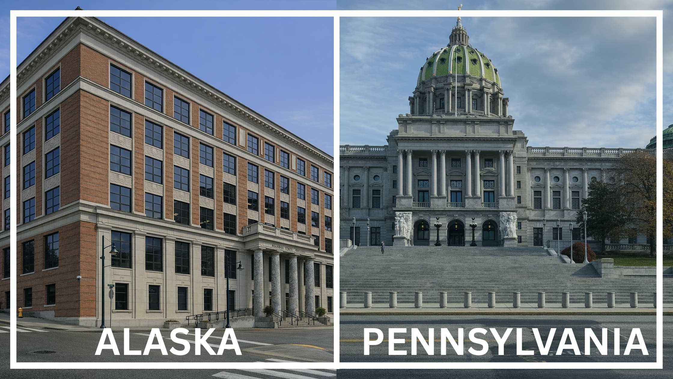 Comparing the state capitol buildings between Alaska and Pennsylvania.