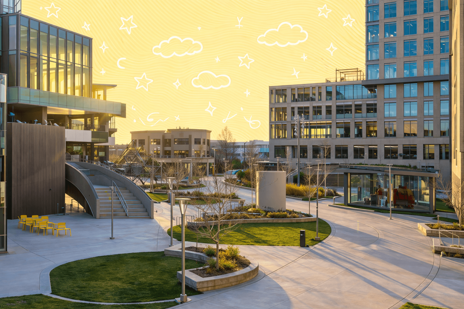Sunrise over modern office buildings and landscaped green spaces in a Boise business district.