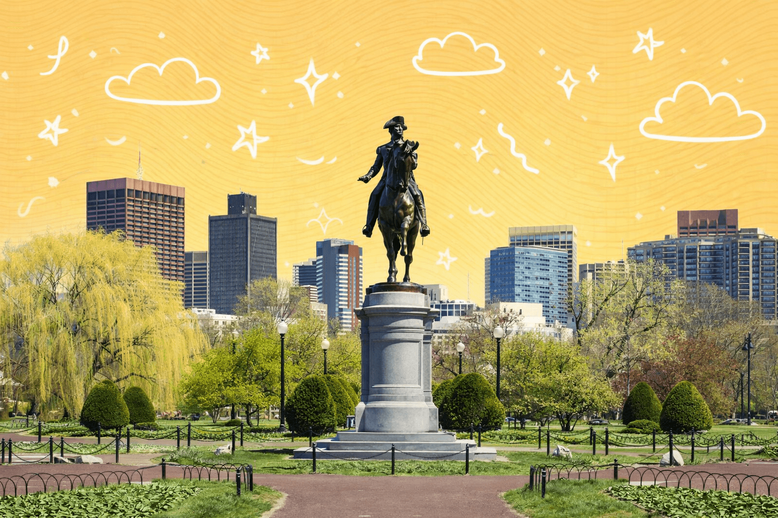 Statue in Boston Public Garden with city skyline in the background.