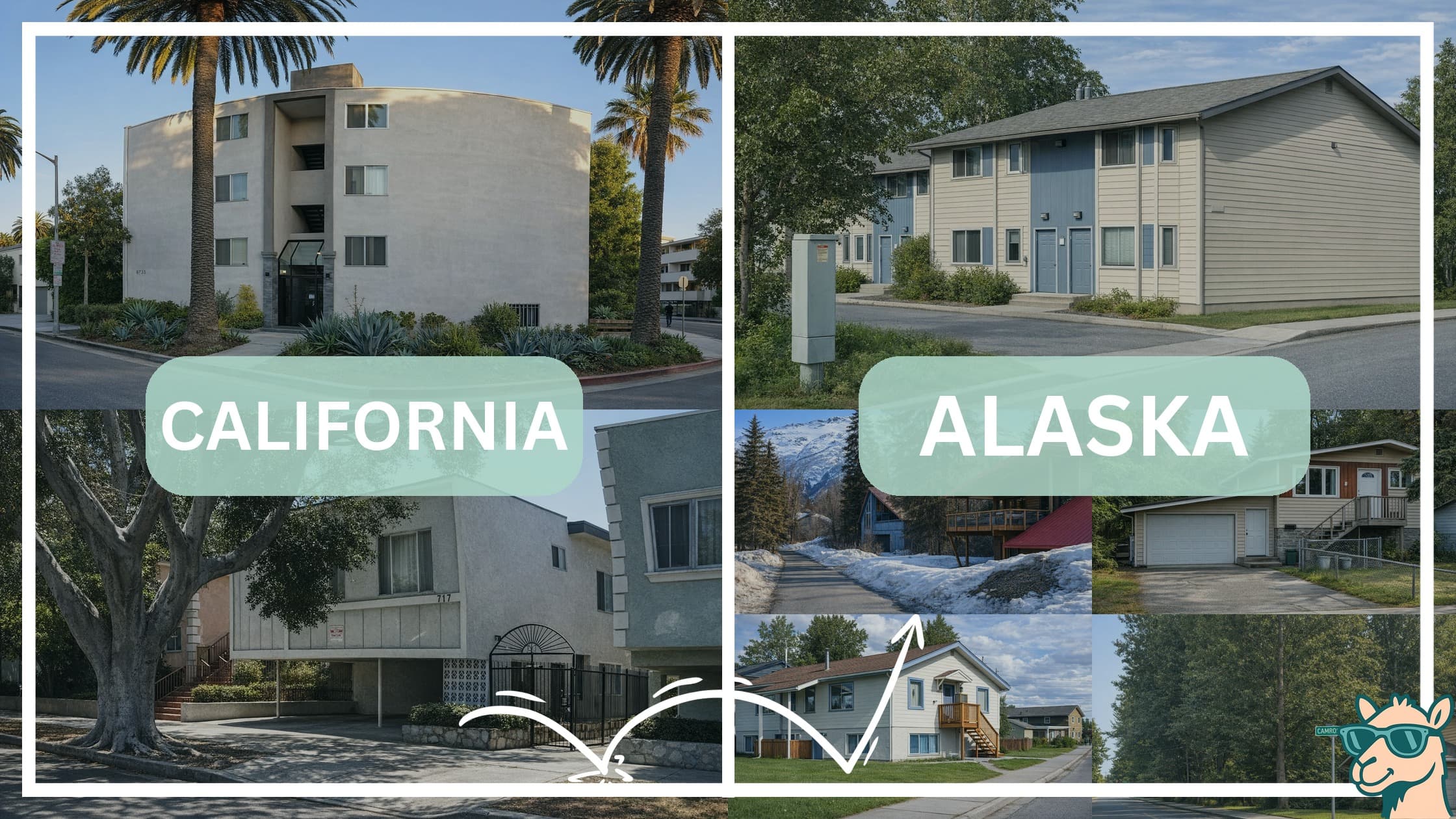 comparison of housing options and types between neighborhoods in California and Alaska