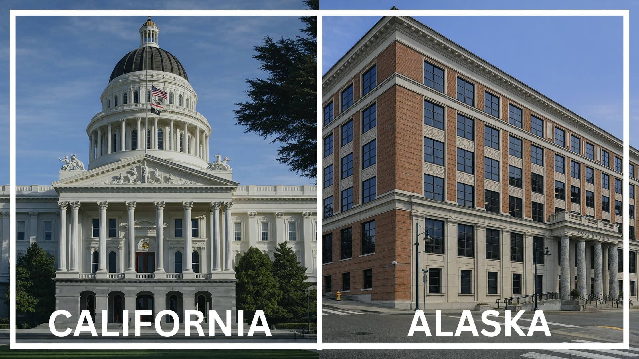 Comparing the state capitol buildings between California and Alaska.