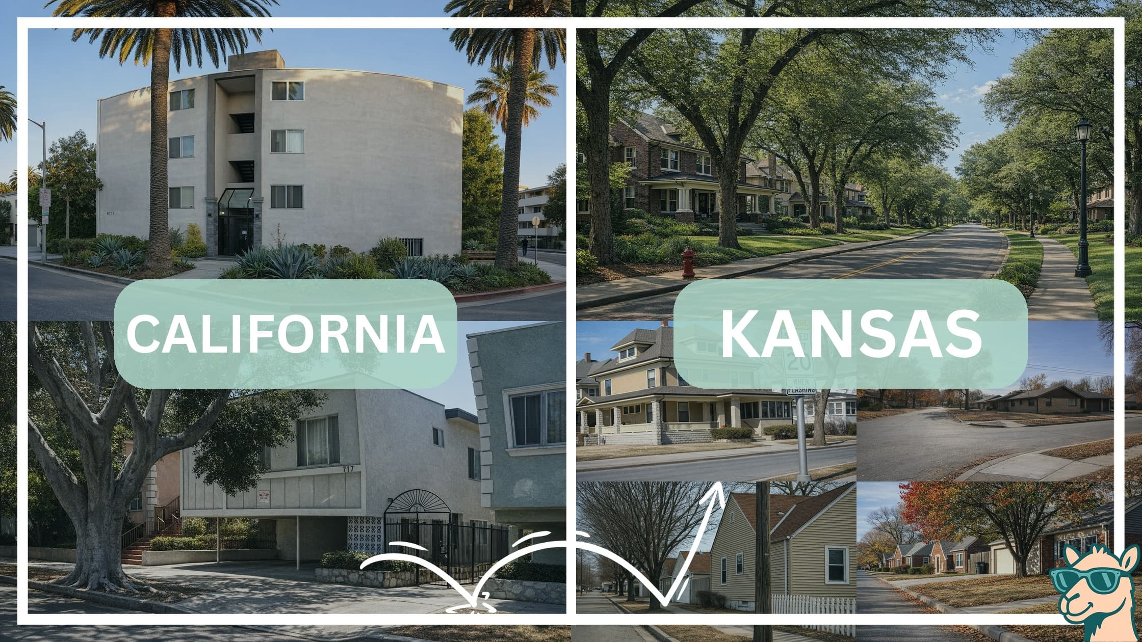 comparison of housing options and types between neighborhoods in California and Kansas