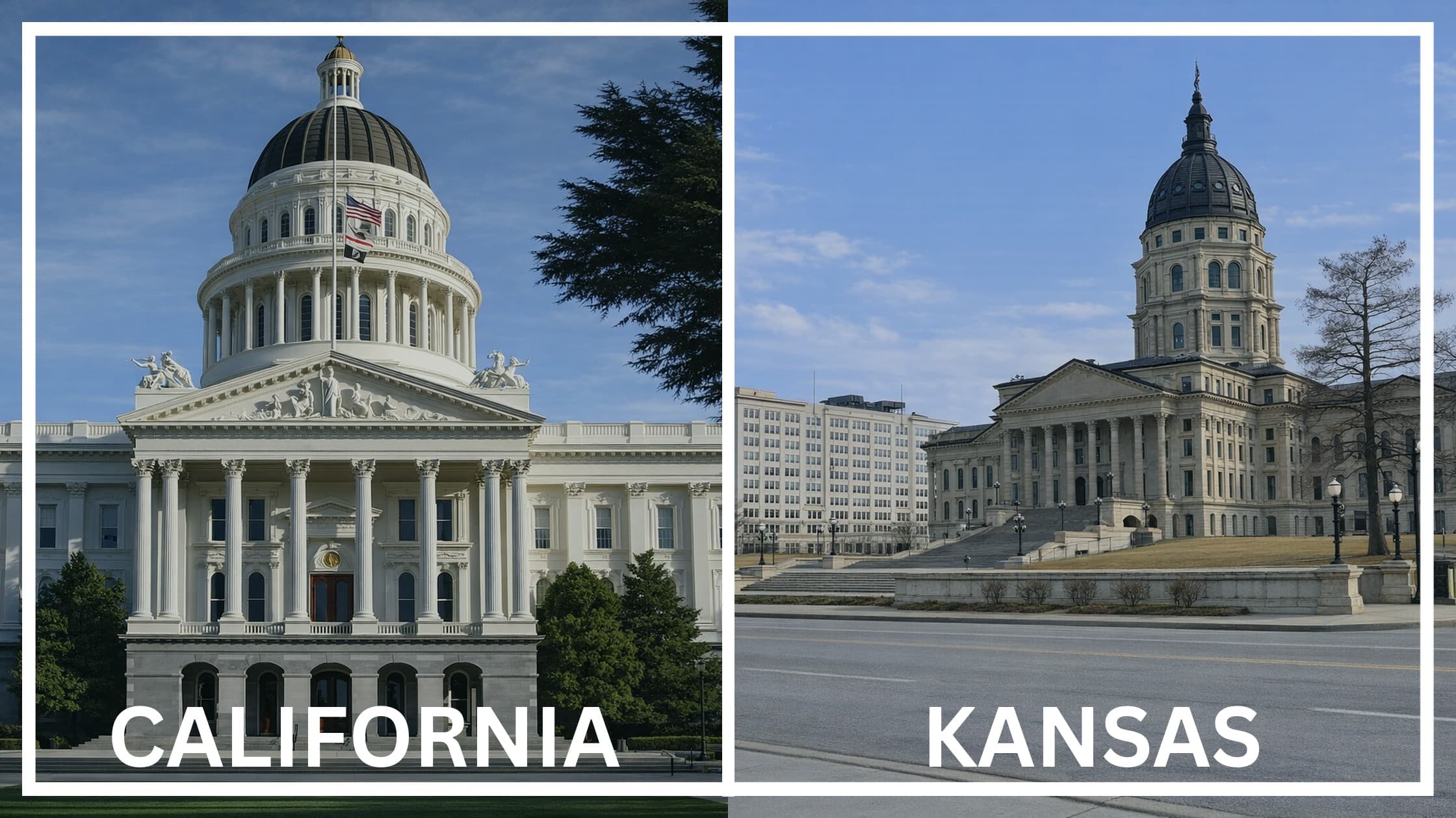 Comparing the state capitol buildings between California and Kansas.