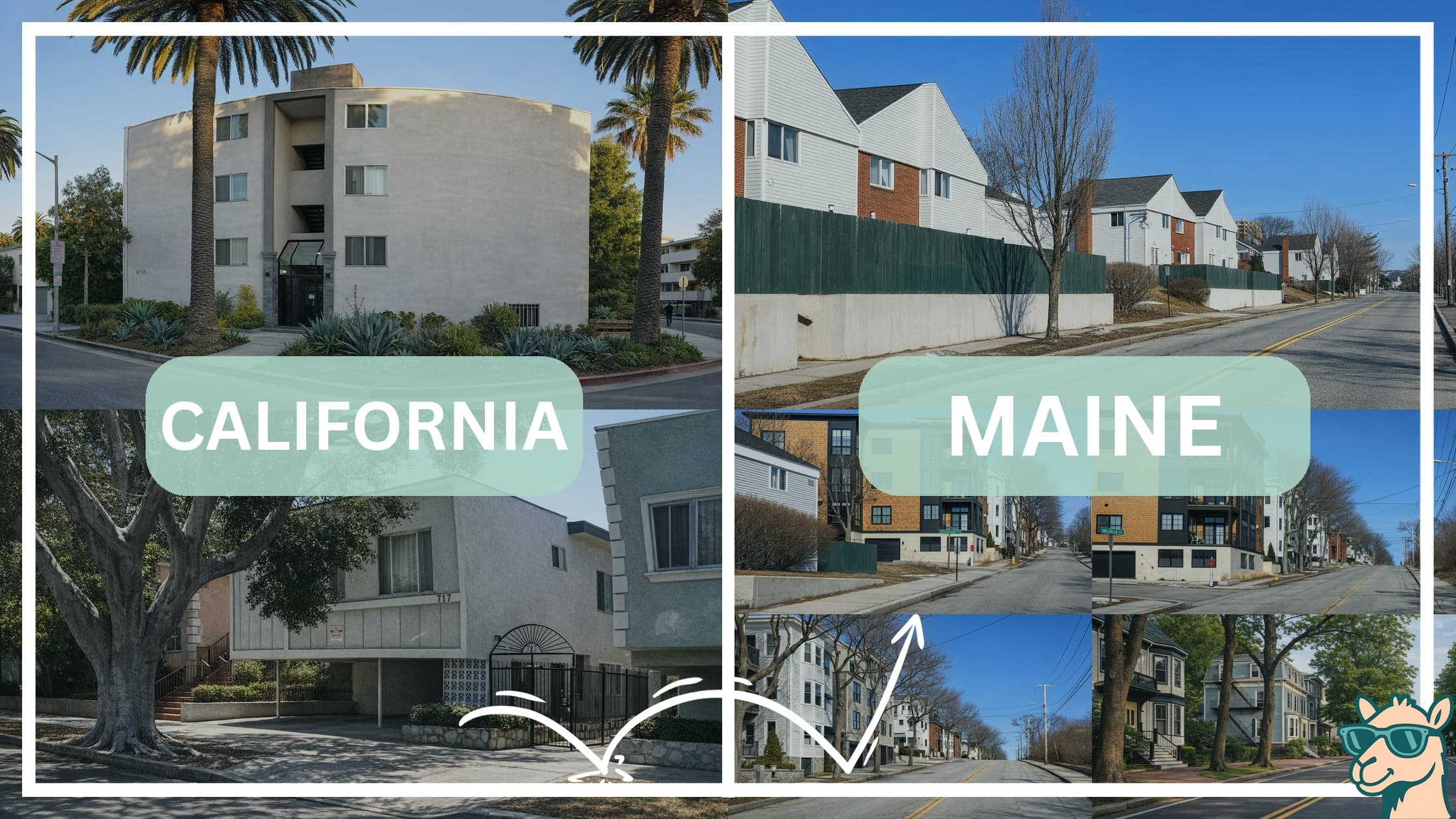 comparison of housing options and types between neighborhoods in California and Maine