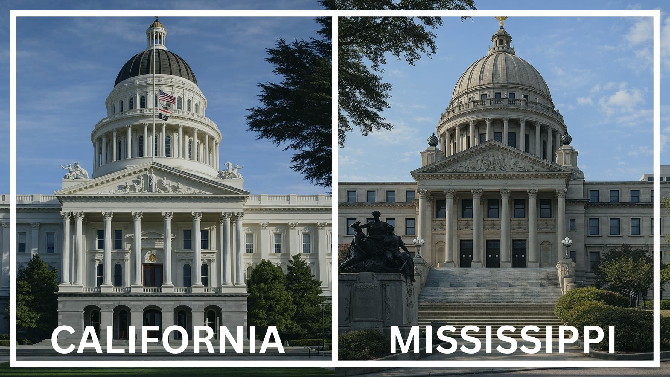 Comparing the state capitol buildings between California and Mississippi.