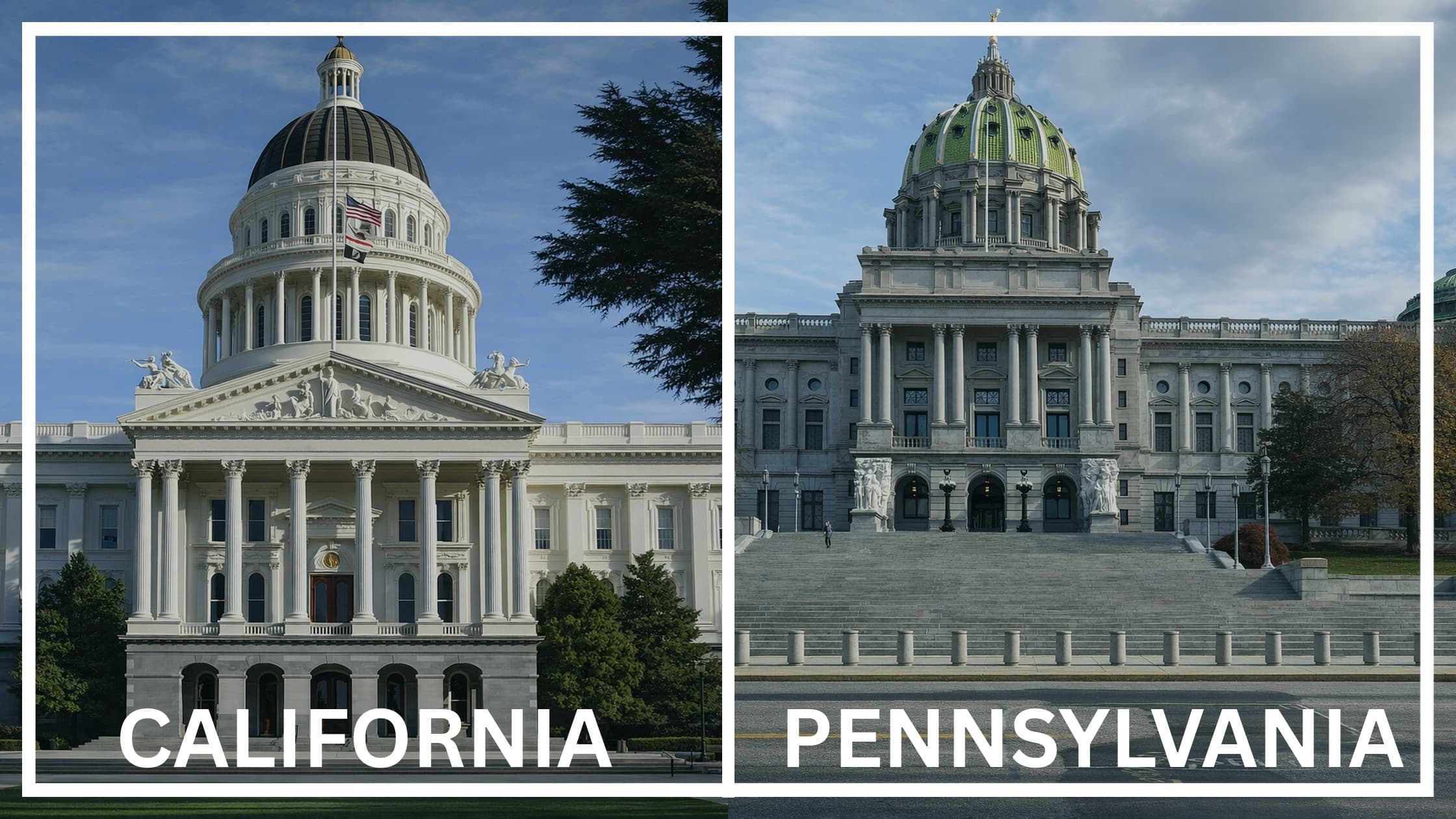 Comparing the state capitol buildings between California and Pennsylvania.