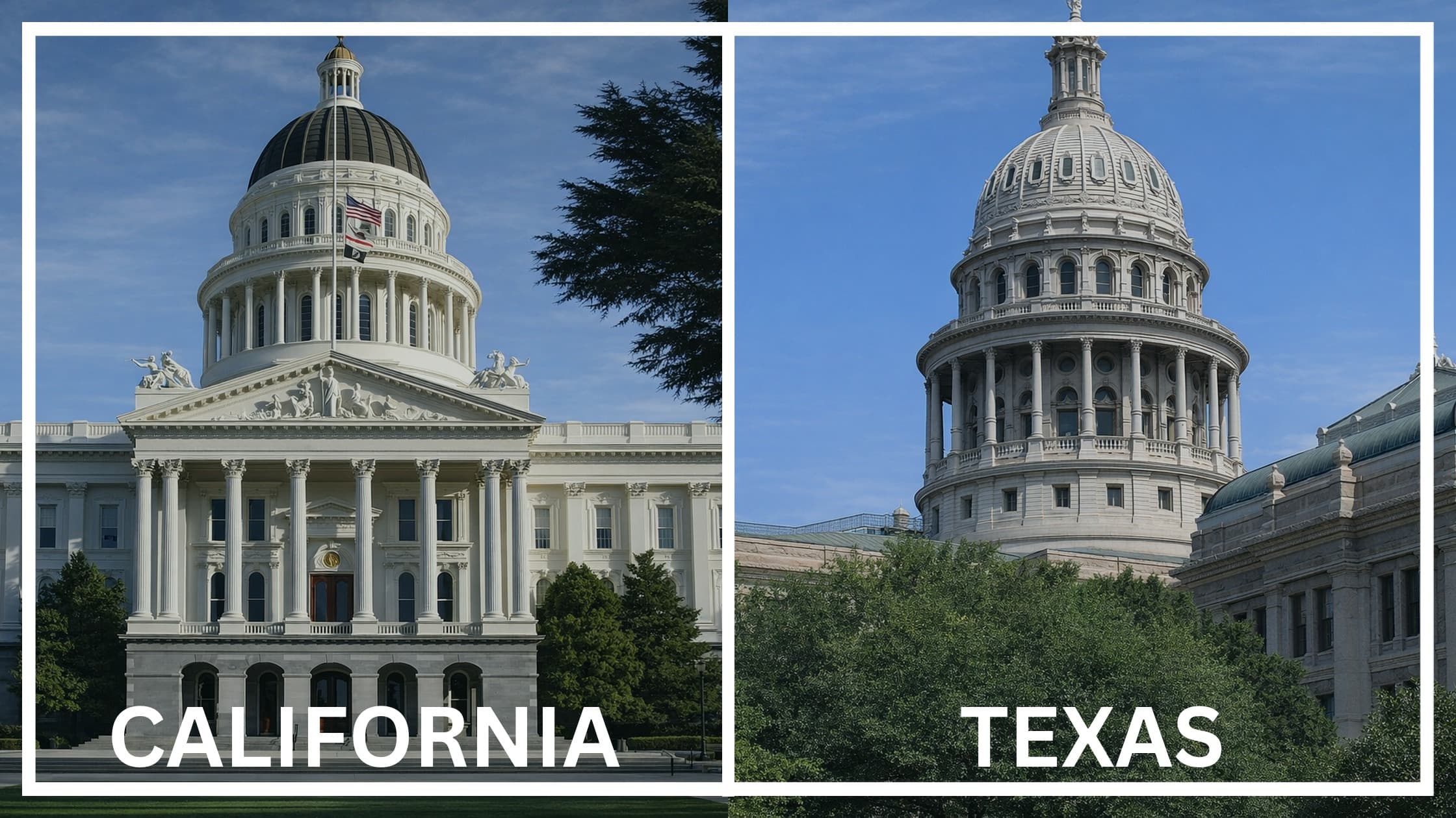 Comparing the state capitol buildings between California and Texas.