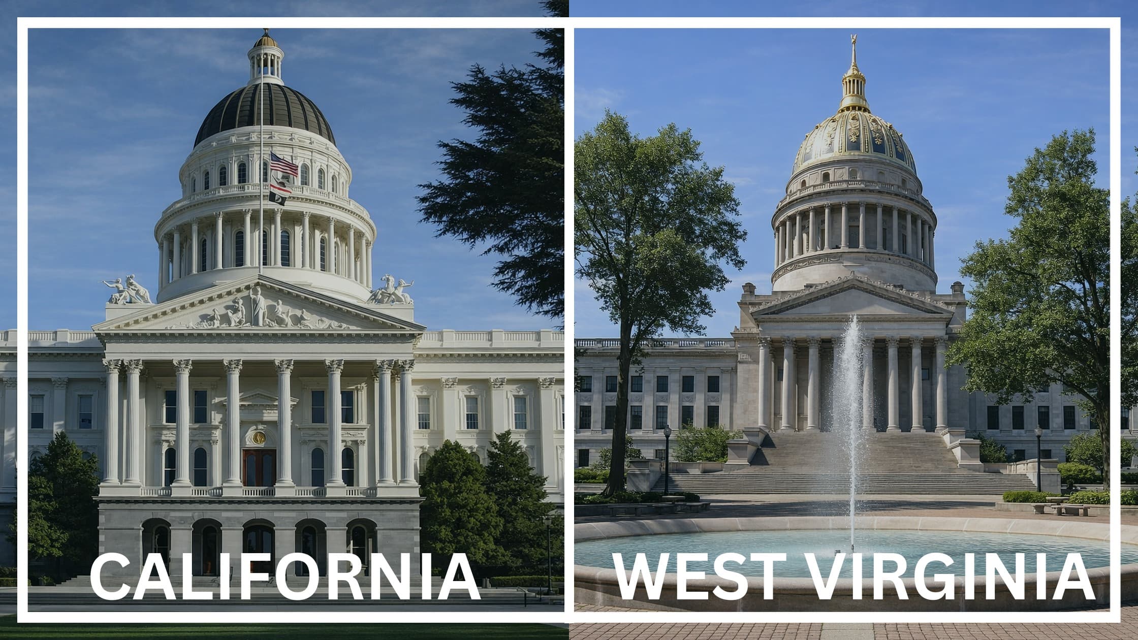 Comparing the state capitol buildings between California and West Virginia.