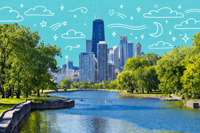 Chicago skyline reflected in a calm park lagoon with trees, walking paths, and downtown buildings showcasing city life near green space