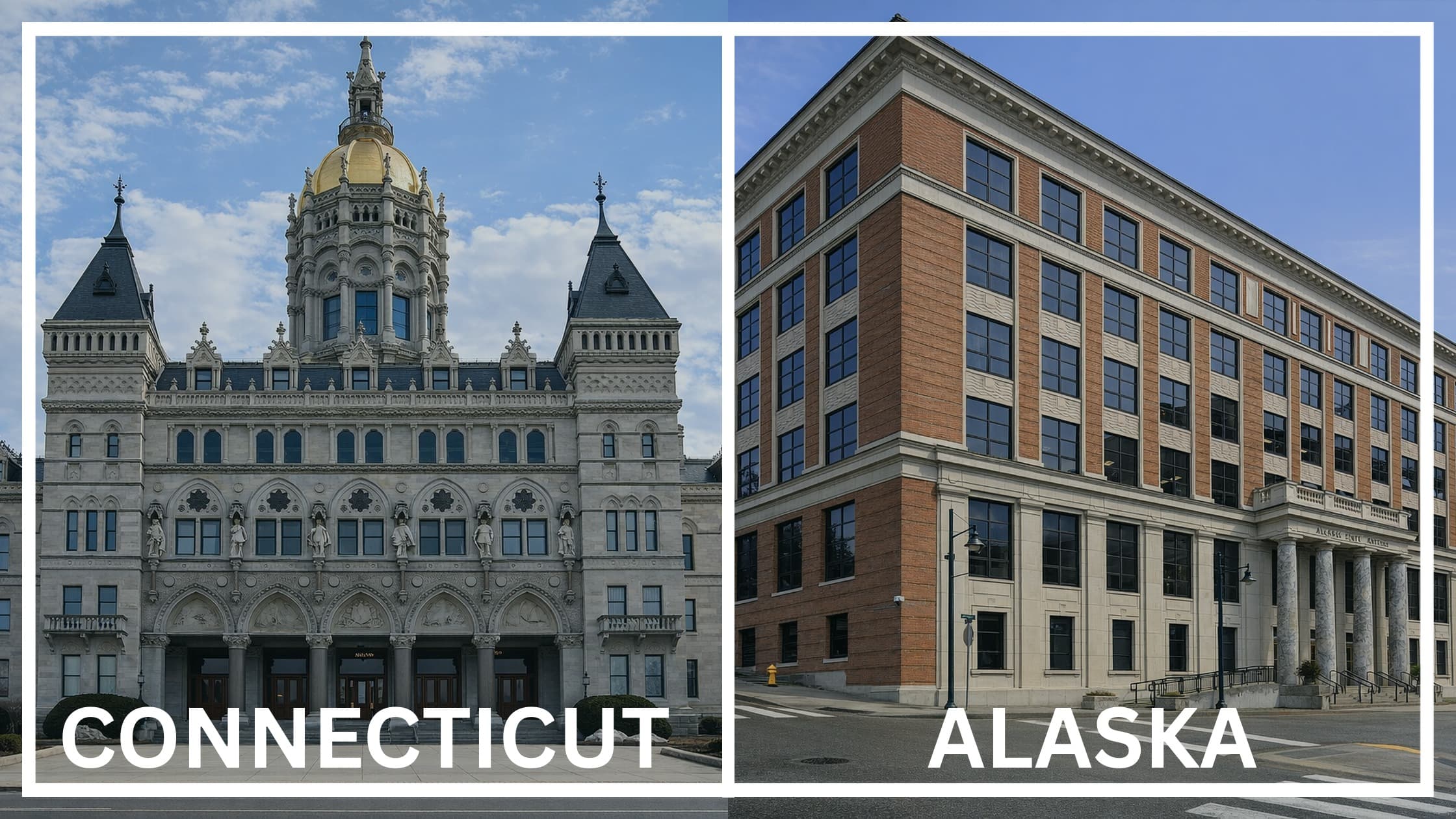 Comparing the state capitol buildings between Connecticut and Alaska.