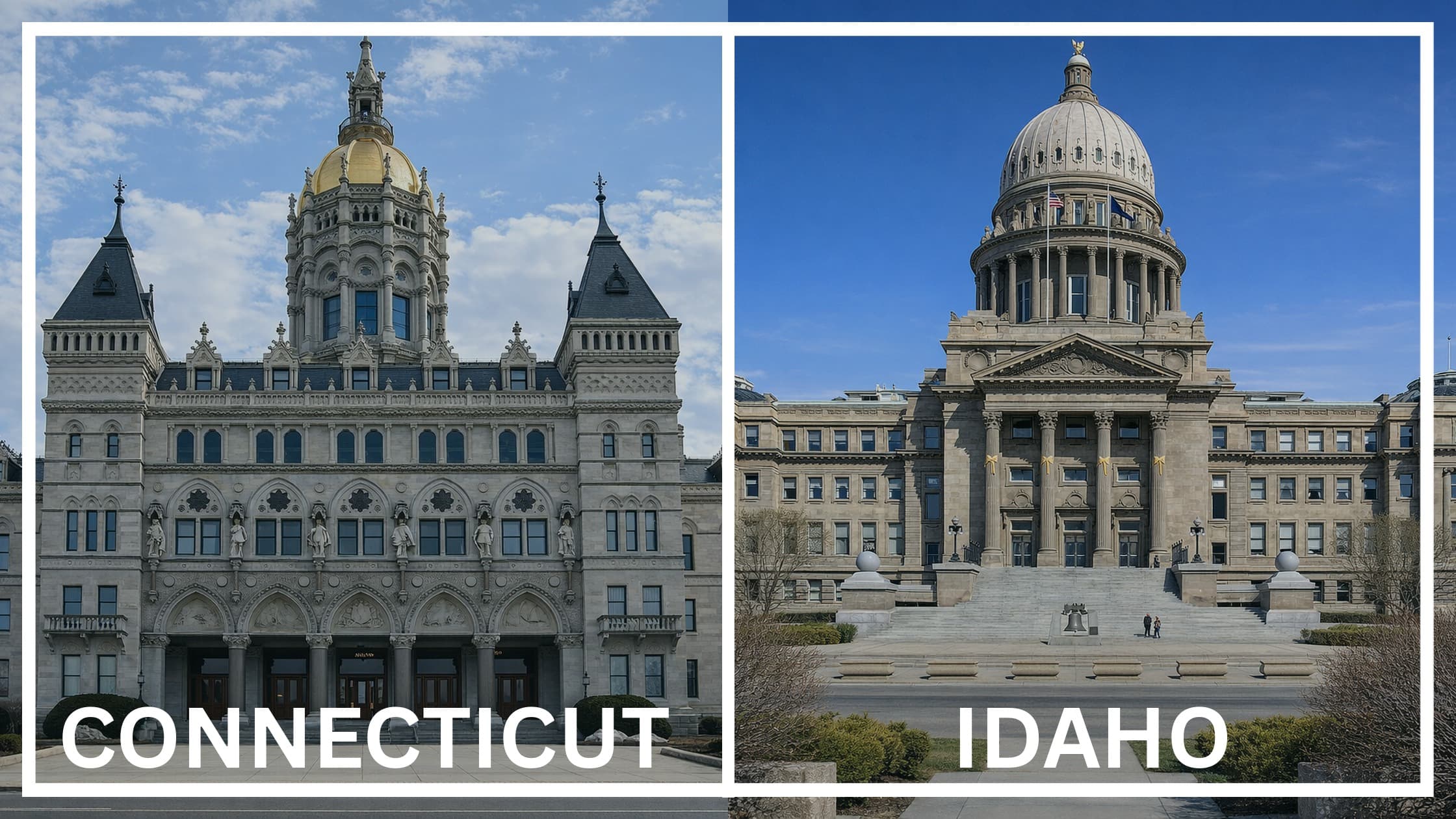 Comparing the state capitol buildings between Connecticut and Idaho.