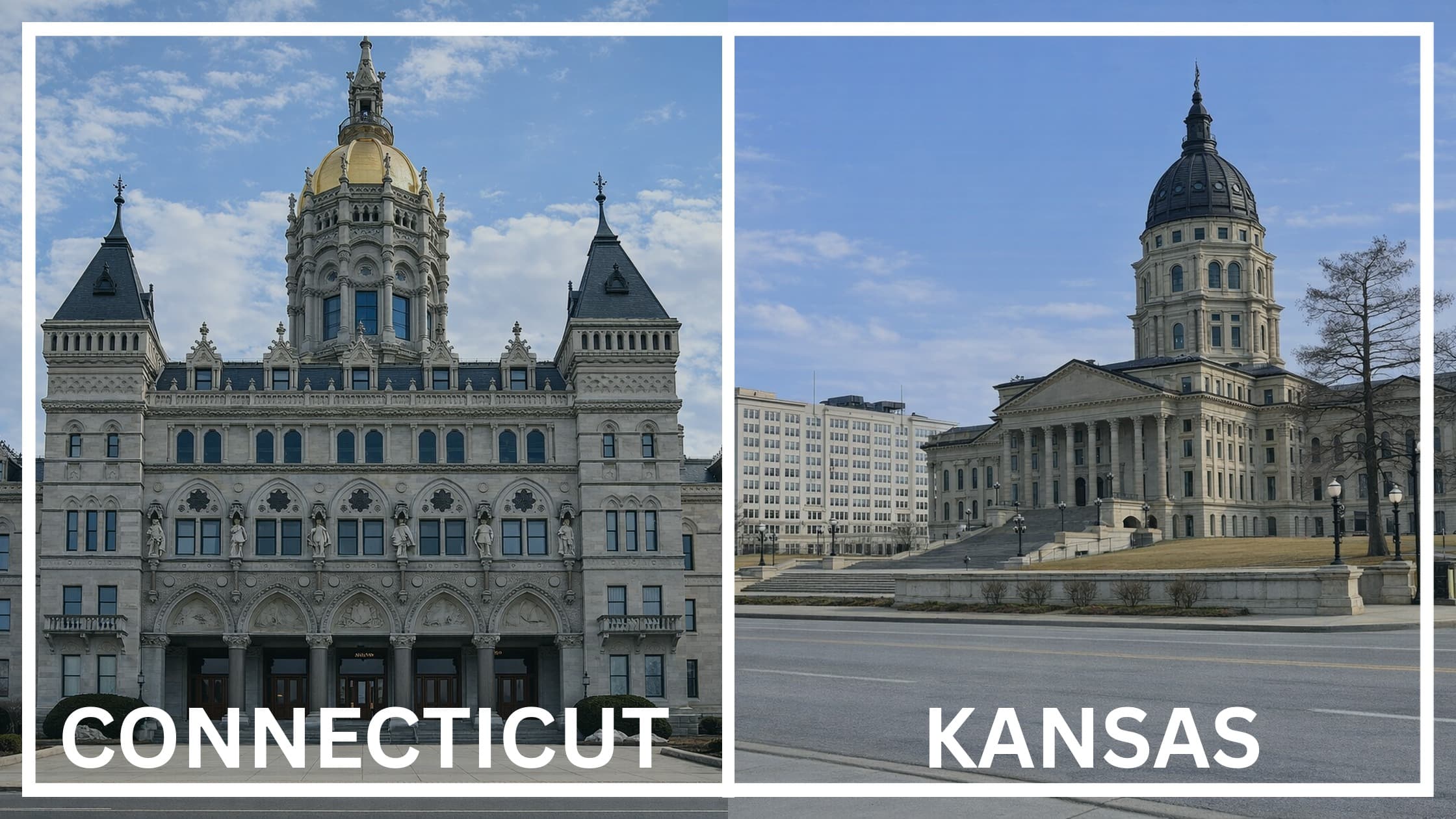 Comparing the state capitol buildings between Connecticut and Kansas.