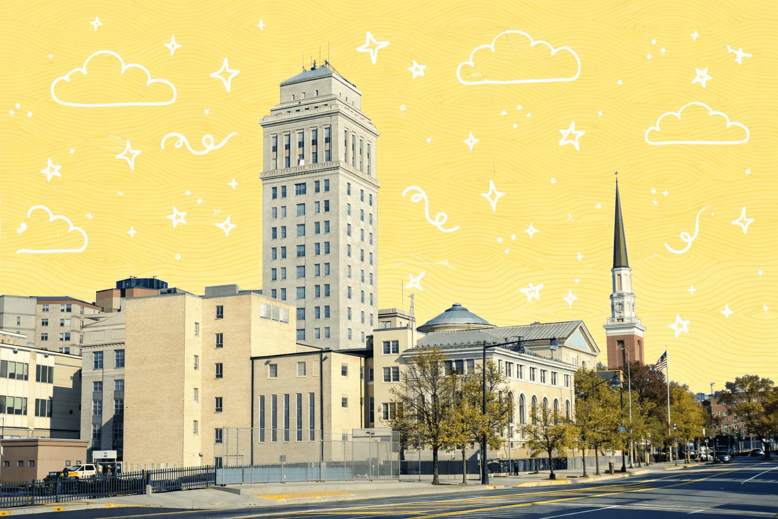 Skyline view of Elizabeth, NJ featuring historic buildings and a church spire under a clear blue sky.