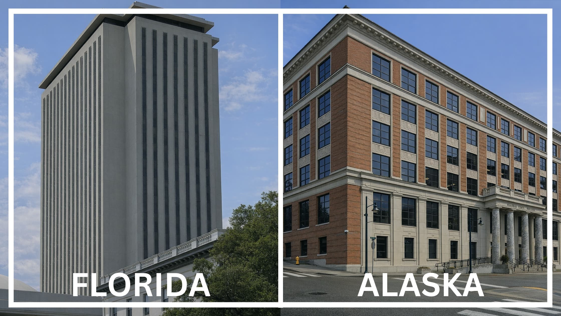 Comparing the state capitol buildings between Florida and Alaska.
