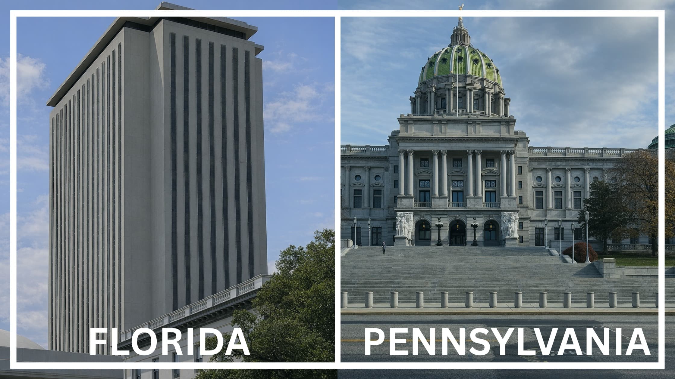 Comparing the state capitol buildings between Florida and Pennsylvania.